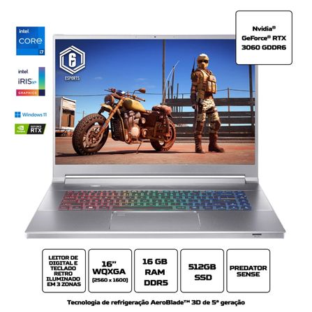 Notebook Acer Predator Triton PT316-51S-72XA i7 12ª Windows 11 Home RTX3060 16GB 512GB SSD 16" WQXGA