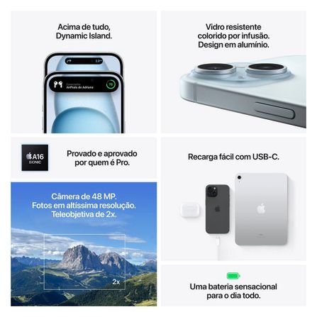 iPhone 15 Apple (128GB) Azul, Tela de 6,1", 5G e Câmera de 48 MP