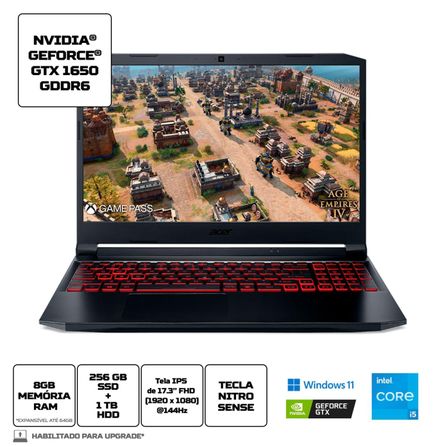Notebook Gamer Acer Nitro 5 AN517-54-56Q0 Ci5 Windows 11 Home 8GB 1TB HDD 256GB SSD GTX 1650 17.3'