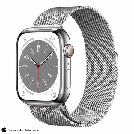 Apple Watch Series 8 (GPS + Cellular 45 mm) Caixa de Aço Inoxidável Prateada, Pulseira Estilo Milanês Prateada