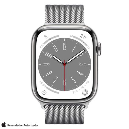 Apple Watch Series 8 (GPS + Cellular 45 mm) Caixa de Aço Inoxidável Prateada, Pulseira Estilo Milanês Prateada