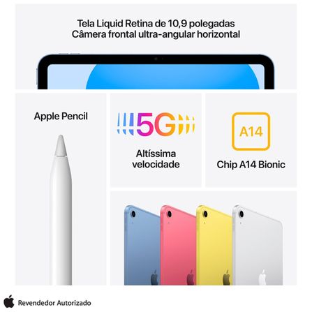 iPad (10ª geração) Apple A14 Bionic (10,9", Wi-Fi + Cellular, 64GB) - Prateado