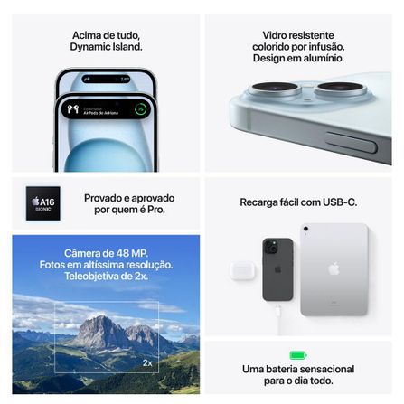 iPhone 15 Apple (512GB) Rosa, Tela de 6,1", 5G e Câmera de 48 MP