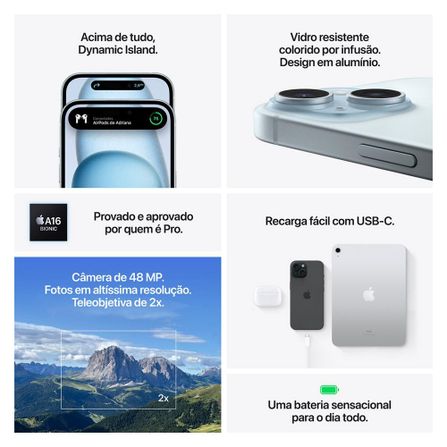 iPhone 15 Plus Apple (128GB) Preto, Tela de 6,7", 5G e Câmera de 48MP