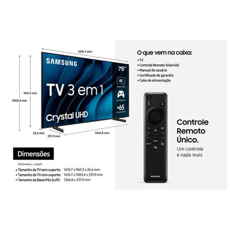Smart TV Samsung Crystal UHD 4K 75" Polegadas 75CU8000 com Painel Dynamic Crystal Color, Design AirSlim e Alexa bui
