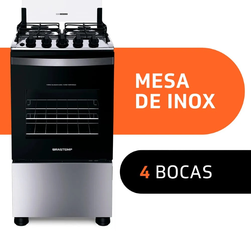Fogão Brastemp 4 Bocas Inox com Duas Prateleiras com Alturas Ajustáveis - BFO4NBR