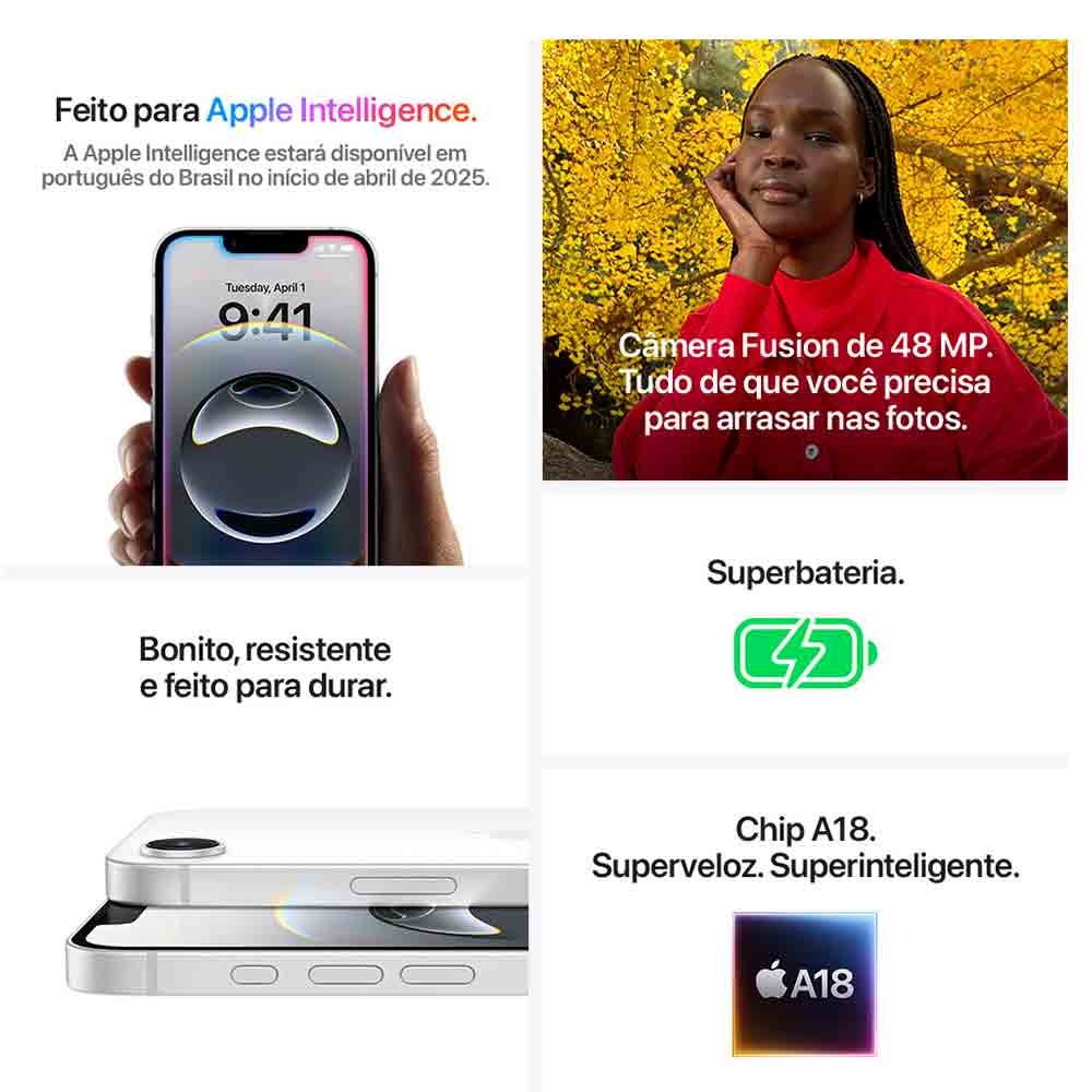 iPhone 16e Apple (128GB) Branco, Tela de 6,1", 5G e Câmera de 48 MP