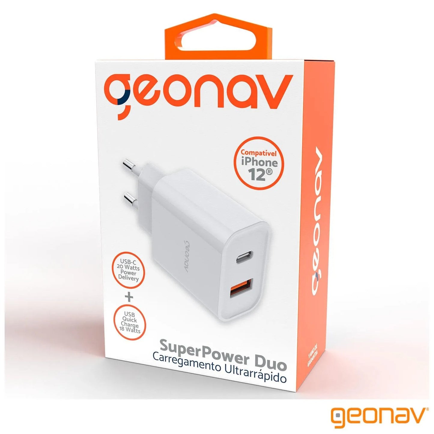 Carregador Turbo 20W Duo USB USB-C QC® 3.0 Branco Geonav - CH20PDQC