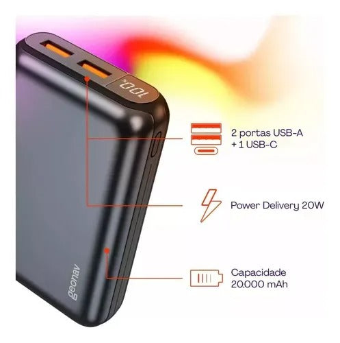Carregador Portátil Geonav 20.000mAh com Função Carregamento Rápido Cinza Espacial