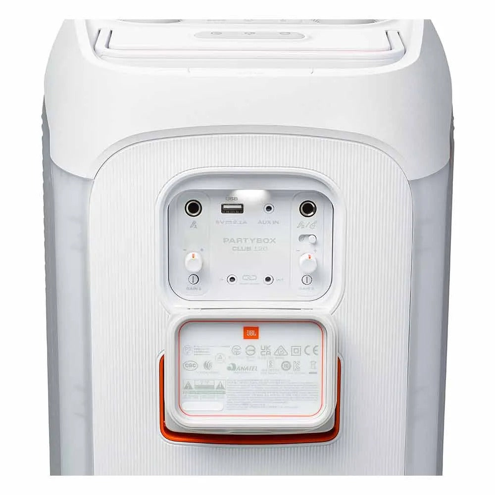 Caixa de Som Bluetooth JBL Party Box Club 120 Branca, IPX4, Show de luzes, Até 12h reprodução, 160 W