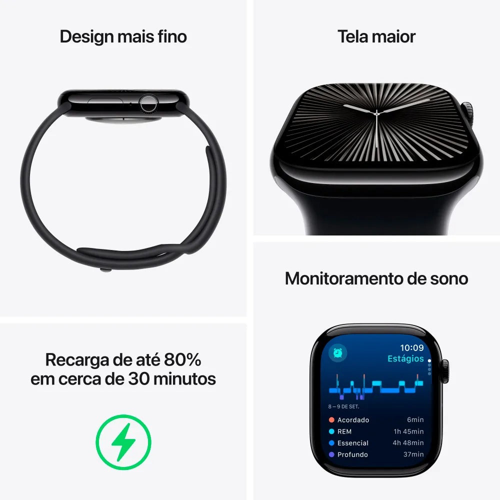 Apple Watch Series 10 (GPS + Cellular 46 mm) Caixa de Alumínio Prateada, Pulseira Loop Esportiva Nuvem Azul