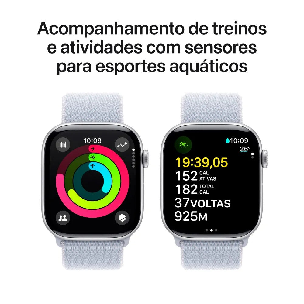 Apple Watch Series 10 (GPS + Cellular 46 mm) Caixa de Alumínio Prateada, Pulseira Loop Esportiva Nuvem Azul