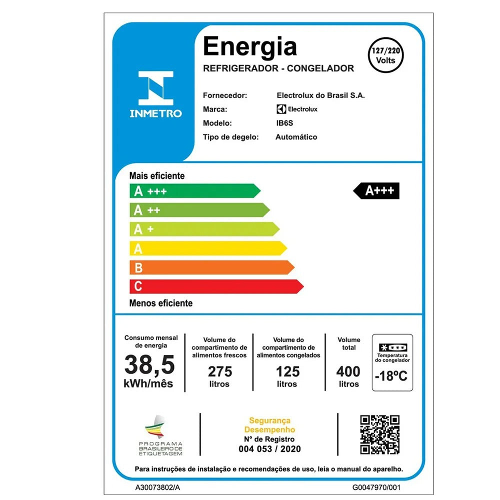 Refrigerador Bottom Freezer Electrolux de 02 Portas Frost Free com 400 Litros Efficient Rapid Freeze Inox - IB6S