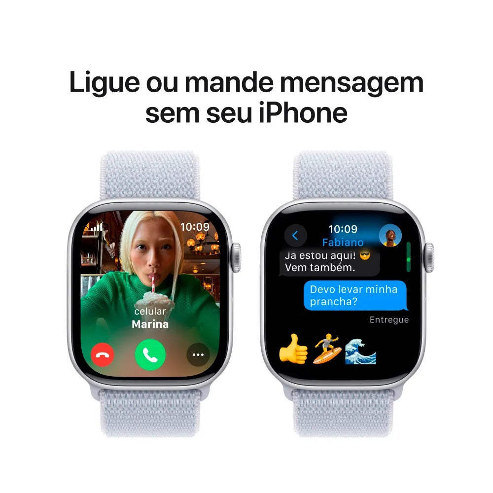Apple Watch Series 10 (GPS + Cellular 46 mm) Caixa de Alumínio Prateada, Pulseira Loop Esportiva Nuvem Azul