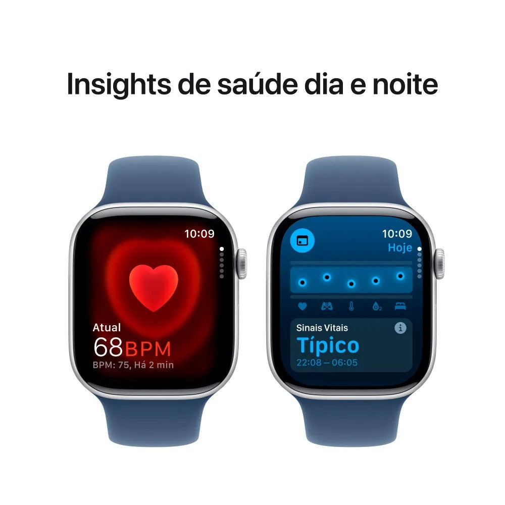 Apple Watch Series 10 (GPS + Cellular 46 mm) Caixa de Alumínio Prateada, Pulseira Esportiva Denim P/M