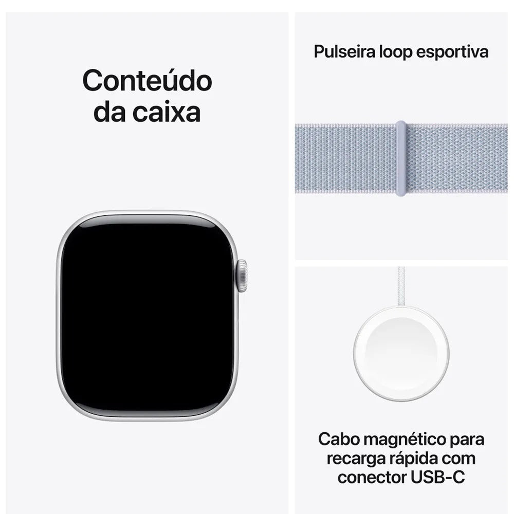 Apple Watch Series 10 (GPS + Cellular 46 mm) Caixa de Alumínio Prateada, Pulseira Loop Esportiva Nuvem Azul