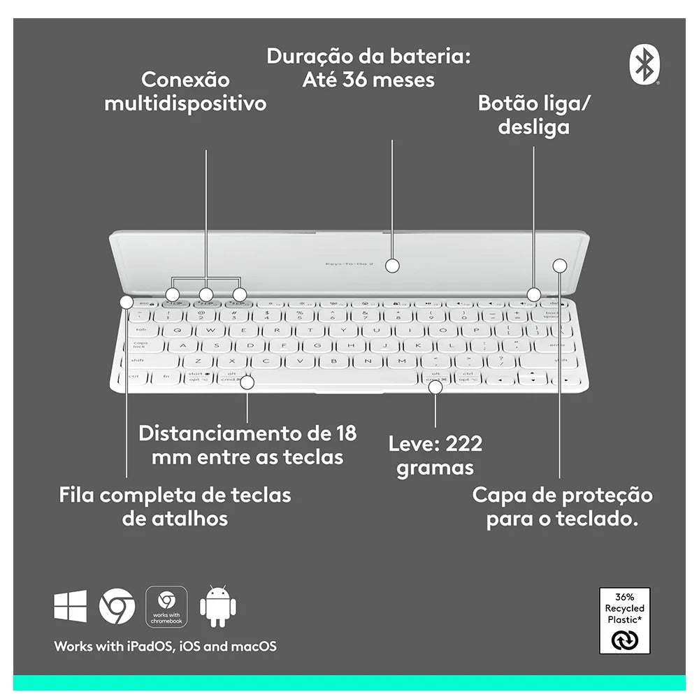 Teclado sem Fio Portátil Logitech Keys-To-Go 2 para Tablets, iPad, com Capa Integrada e Conexão Bluetooth - Cinza Claro