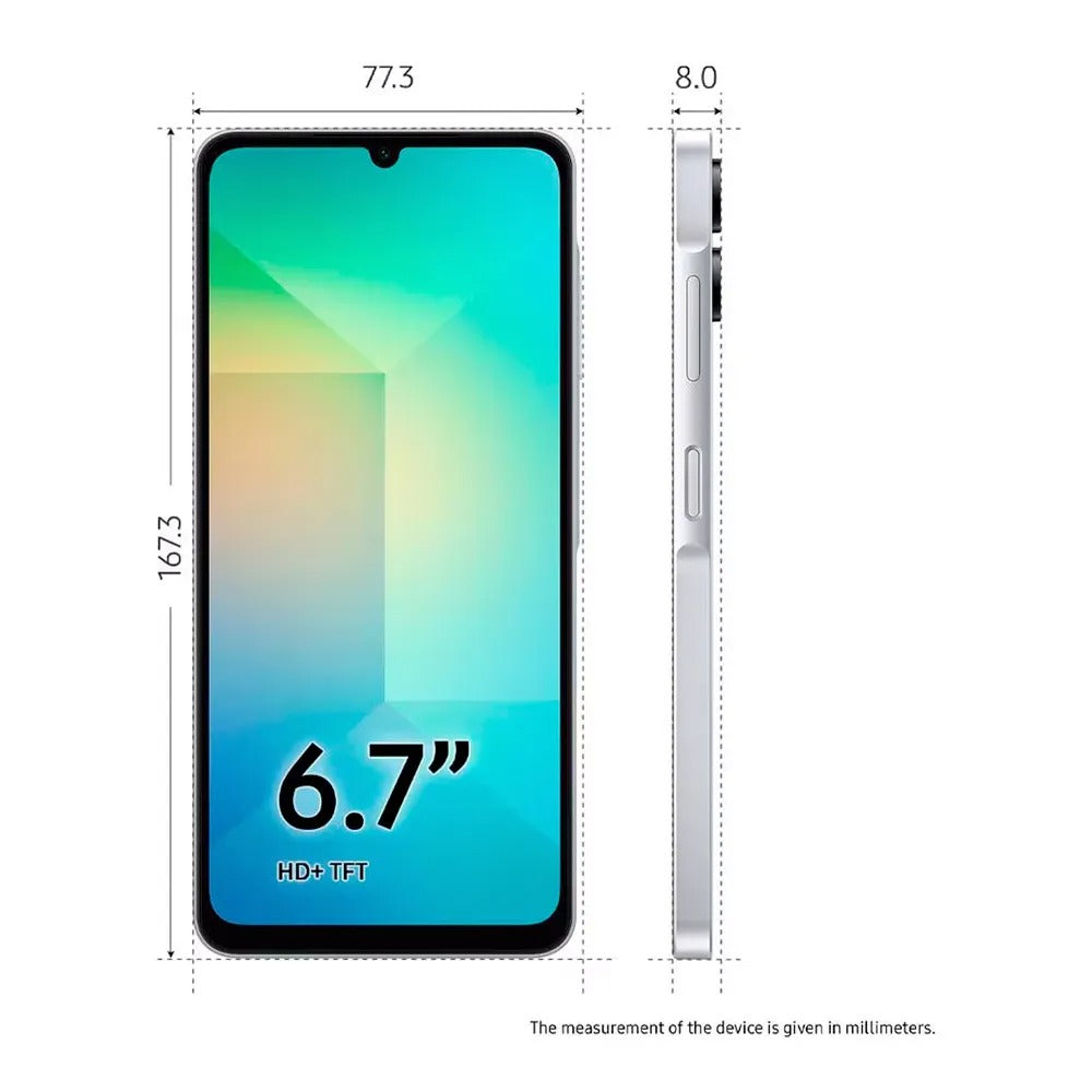 Celular Samsung Galaxy A06 Branco, com Tela de 6,7", 4G, 128GB e Câmera de 50MP + 5MP + 2MP + 2MP - SM-A065MLBGZTO