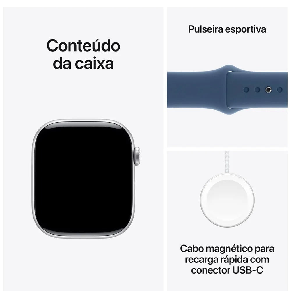 Apple Watch Series 10 (GPS + Cellular 46 mm) Caixa de Alumínio Prateada, Pulseira Esportiva Denim P/M
