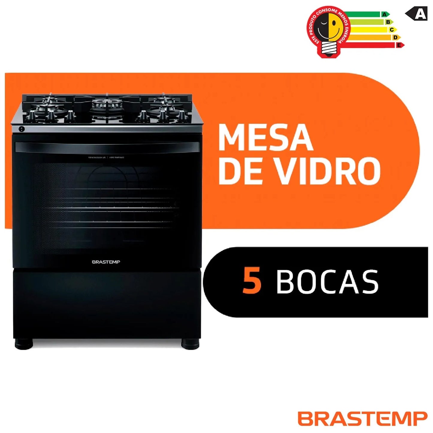 Fogão Brastemp 5 Bocas Preto com Turbo Chama com Mesa de Vidro - BFS5VCE