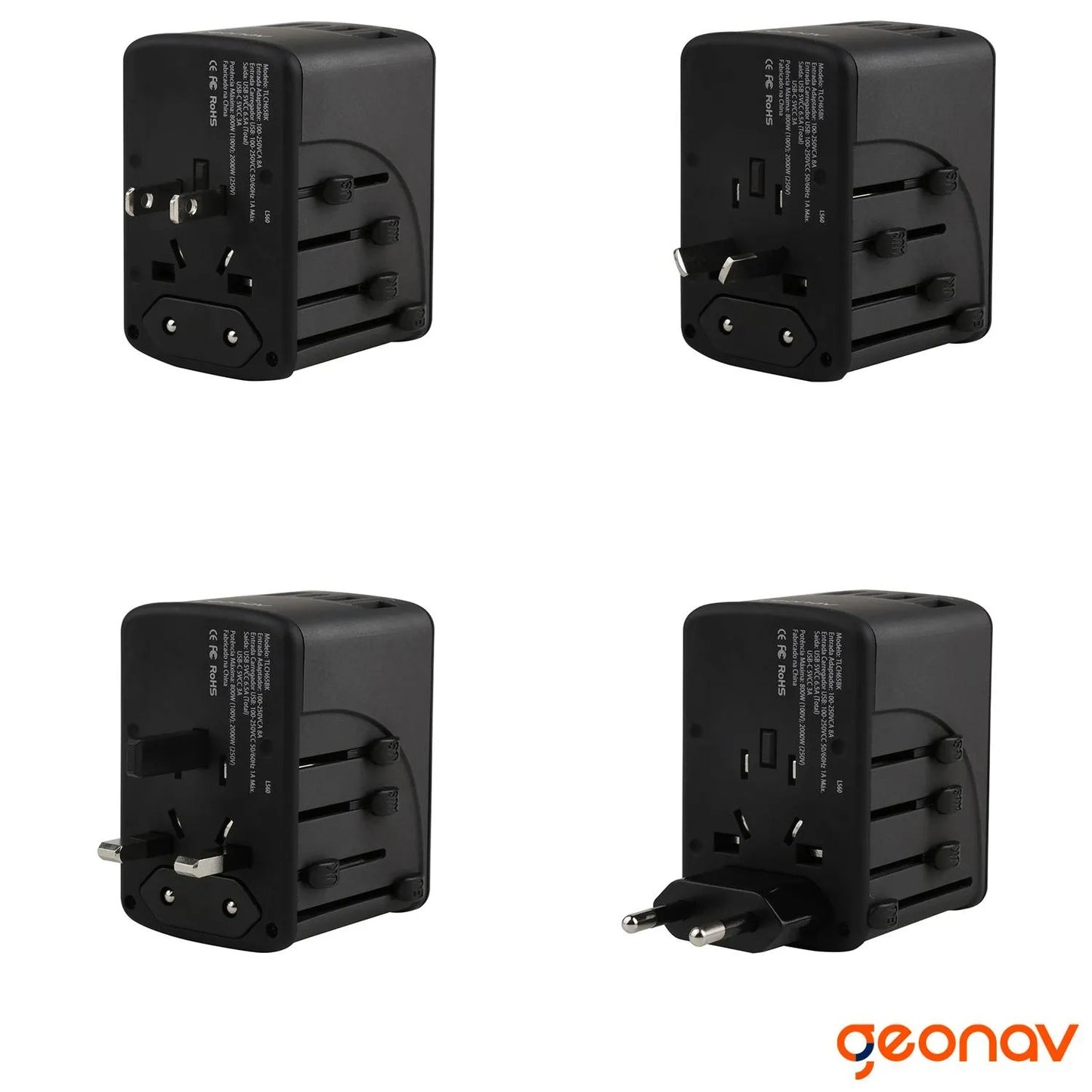 Carregador Universal com Adaptadores de Viagem USB + USB-C Preto - Geonav - TLCH65BK