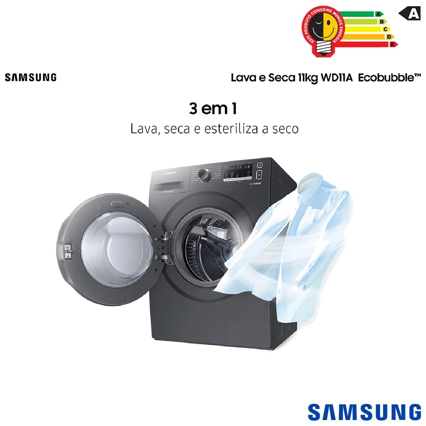 Lava & Seca 11 Kg Samsung Inox com 12 Programas de Lavagem - WD11A4453BX