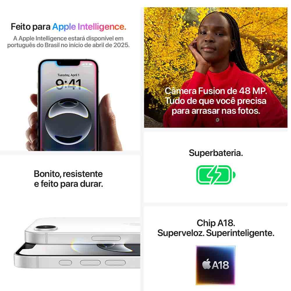 iPhone 16e Apple (128GB) Preto, Tela de 6,1", 5G e Câmera de 48 MP 128gb/256gb